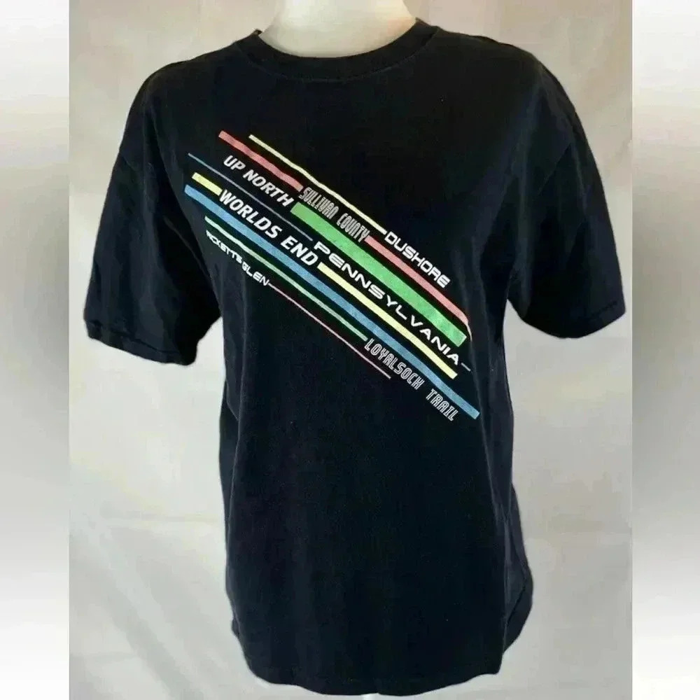 PENNSYLVANIA Black T Shirt Top Up North Worlds End Size M neon Pa‎ travel pike